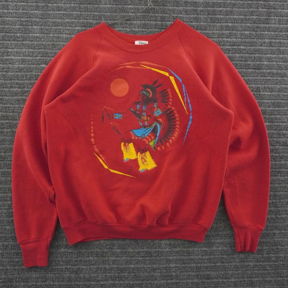 Vintage 80s Tiger Sweatshirt Mens XL Red Native American Graphic Raglan USA Made